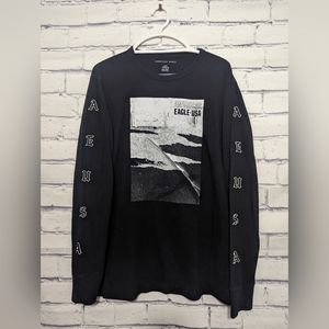 American Eagle Men's Long Sleeve Graphic Black n White T Shirt Size Large